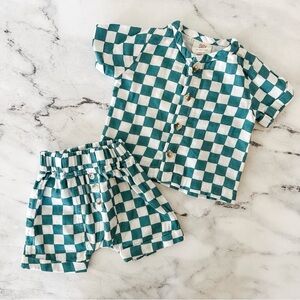 Siix Baby Organic Finley Teal Checkered Matching Set, sz 3-6m